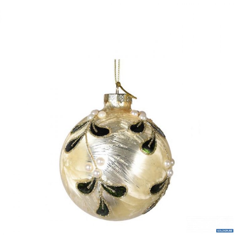 Artikel Nr. 381084: Weihnachtskugel mit gold glitzernden, dunkelgrünen Mistelzweig-Verzierungen und weißen Perlen