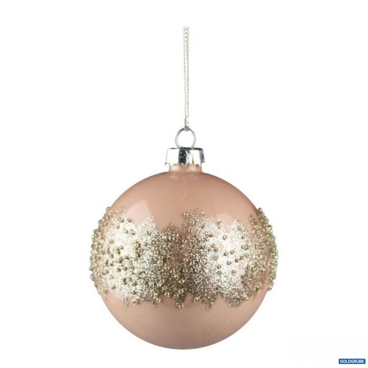 Artikel Nr. 381112: rosa Weihnachtskugel aus Glas mit breitem Streifen aus goldenem Glitter & Perlen