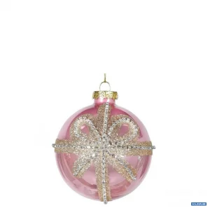 Artikel Nr. 381119: pink schimmernde Weihnachtskugel mit großer Schleife aus Dekosteinen