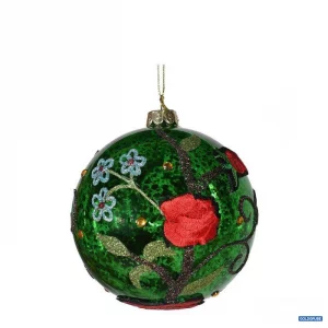 Artikel Nr. 381125: schimmernde Weihnachtskugel mit bunt glitzerndem Blumen-Muster und Blumenstickerei, grün