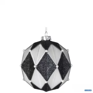 Artikel Nr. 381142: Weihnachtskugel mit erhabenem Harlekin-Muster in schwarz & weiß mit Perlen