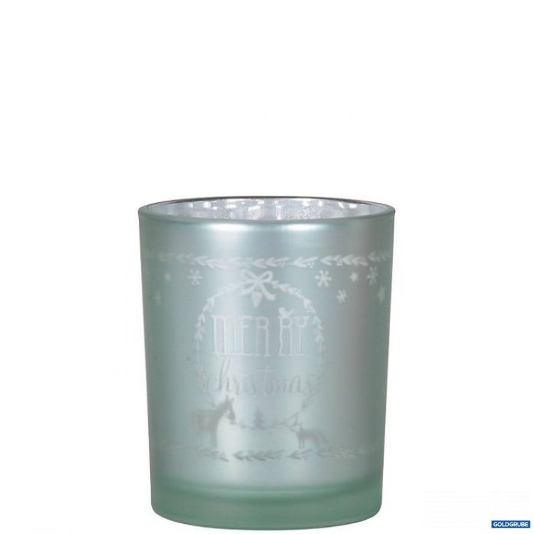 Artikel Nr. 381177: winterliches Teelichtglas 'Merry Christmas' mit Verzierung mint & silber