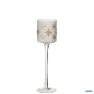 Artikel Nr. 381184: mittelhoher weihnachtlicher Teelichthalter aus weiß getöntem Glas verziert mit goldenen Sternen