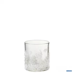 Artikel Nr. 381187: kleines, winterliches Teelichglas aus klarem Glas mit schimmernden Dekosteinen in Eiszapfenform angeordneten