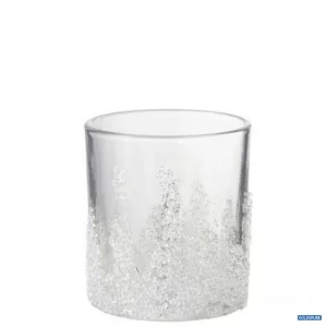 Artikel Nr. 381188: winterliches Windlicht aus klarem Glas mit schimmernden Dekosteinen in Eiszapfenform angeordneten