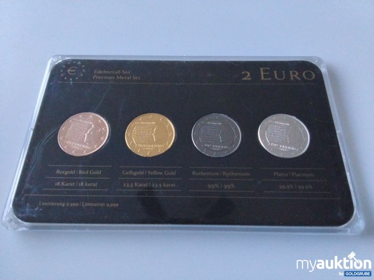 Artikel Nr. 396220: 2 Euro Edelmetall-Set Rot- & Gelbgold, Rhodium und Platin Auflagen