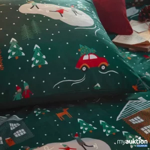 Artikel Nr. 383258: dunkelgrüne Kinder Weihnachtsbettwäsche mit süßer Winterlandschaft aus weichem Fleece