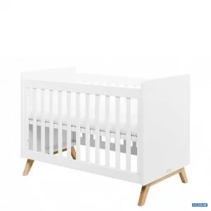 Auktion Babybett aus weißem Holz & Buche im Retro-Style mit höhenverstellbarem Lattenrost, 60 x 120 cm