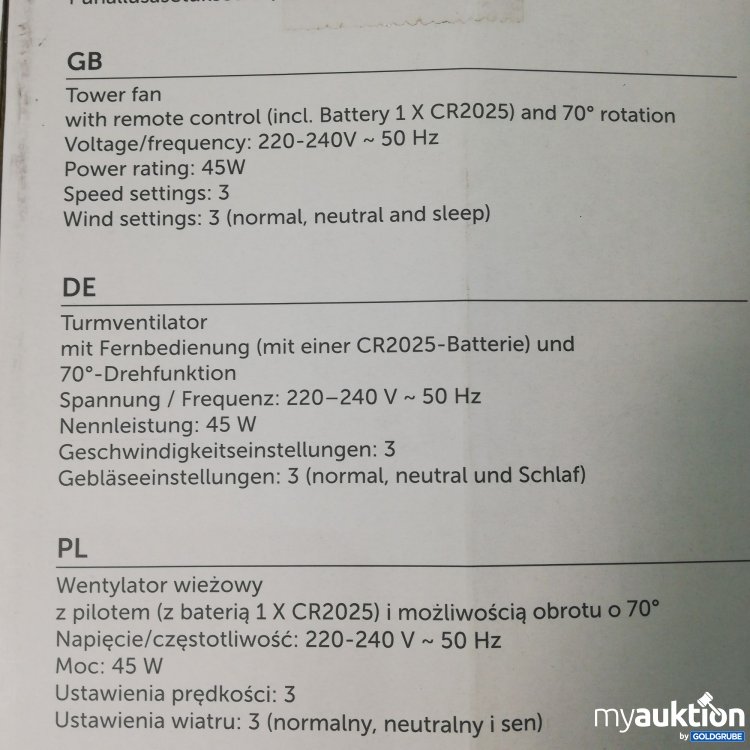 Artikel Nr. 789799: Day Turmventilator 45W 220-240V