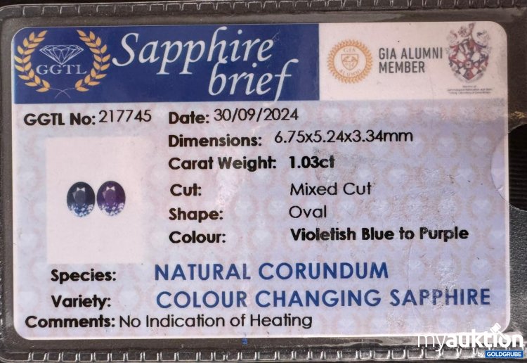 Artikel Nr. 388809: Natural Saphir 1.03ct Violetish Blue - Farbwechsel