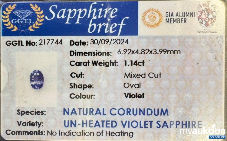 Artikel Nr. 388810: Natural Violett Saphir 1.14ct