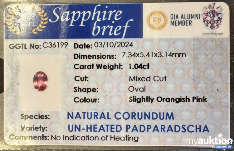 Artikel Nr. 388812: Natural Padparadscha Saphir 1.04ct